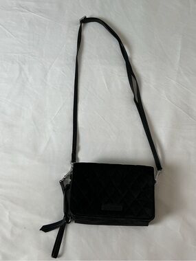 Vera Bradley Black Quilted Crossbody Wallet – Floral Interior, Adjustable Strap